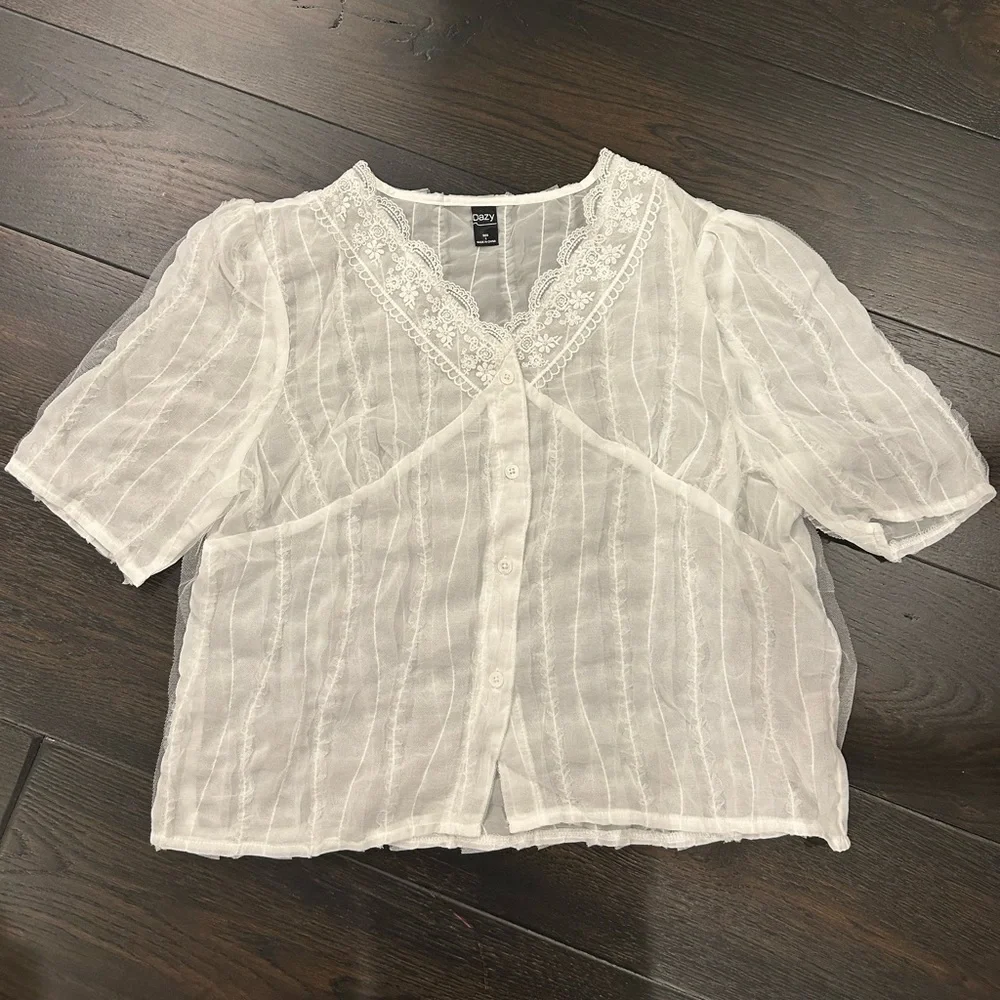 NWOT Sheer Frilled Mesh Blouse - Picture 5 of 9